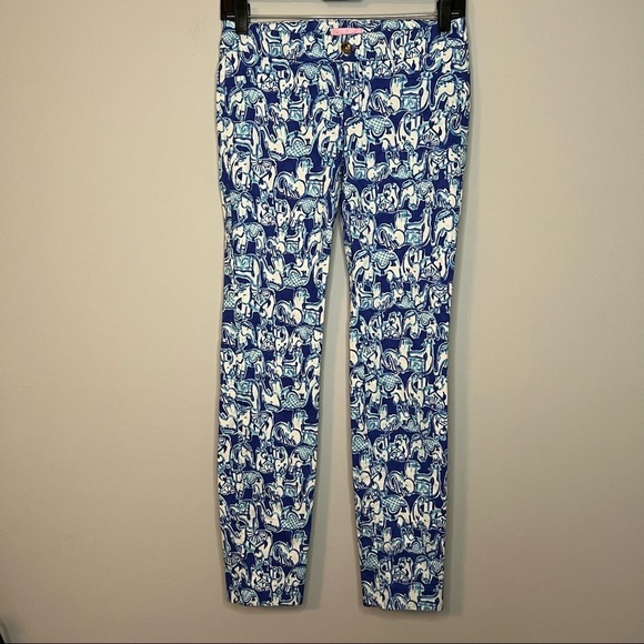 Women’s Lilly Pulitzer Kelly Get trunky blue elephant printed pants size 00 - Picture 1 of 6
